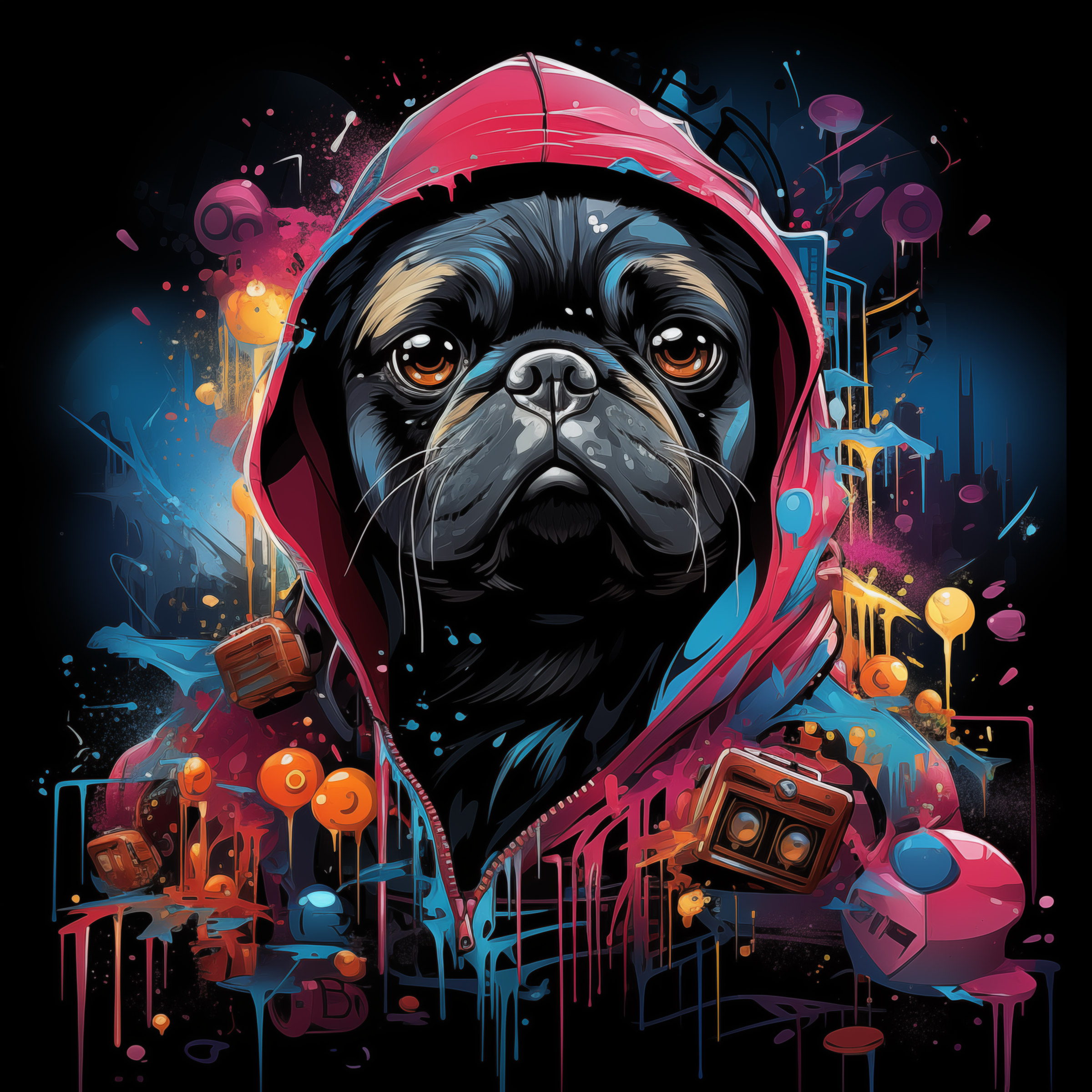 black pug wearing apink hoodie with paint splatter everywhere