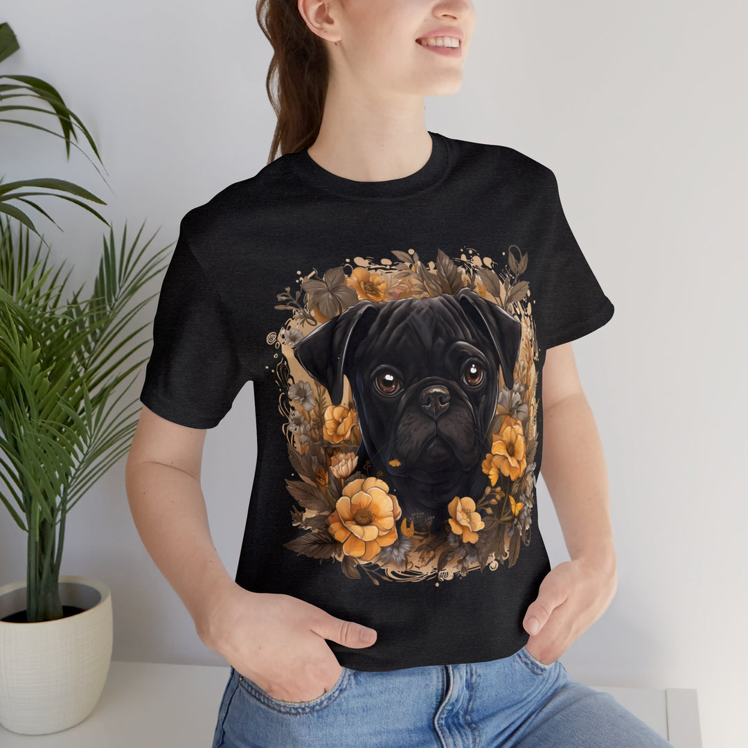 Charming Black Pug amongst fall flowers Tee Shirt