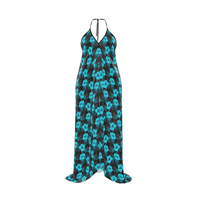 Black Pugs Tropical Halter Dress 2XL / Silk Sensation 100% Polyester 90gsm / With a Train