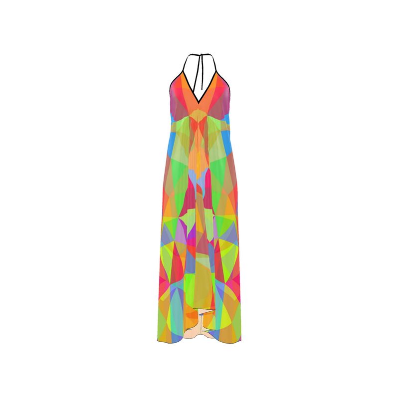 Abstract Neon Backless Halter Dress Xs / 100% Real Silk Satin 85gsm / No Train Abstract Neon Backless Halter Dress Xs / 100% Real Silk Satin 85gsm / No Train