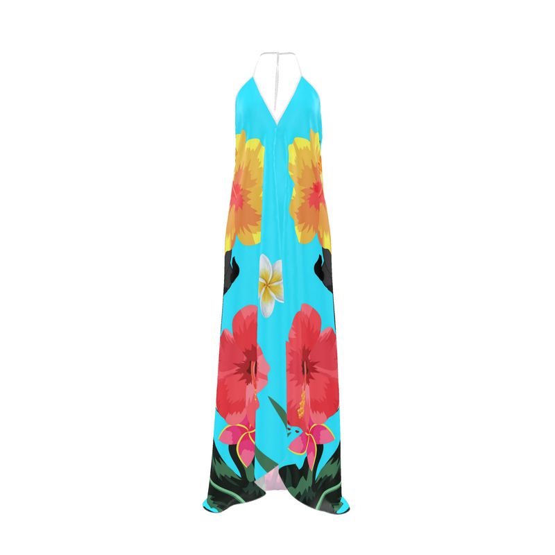 Black Pug Tropical Aqua Backless Dress XS / Silk Sensation 100% Polyester / With a Train