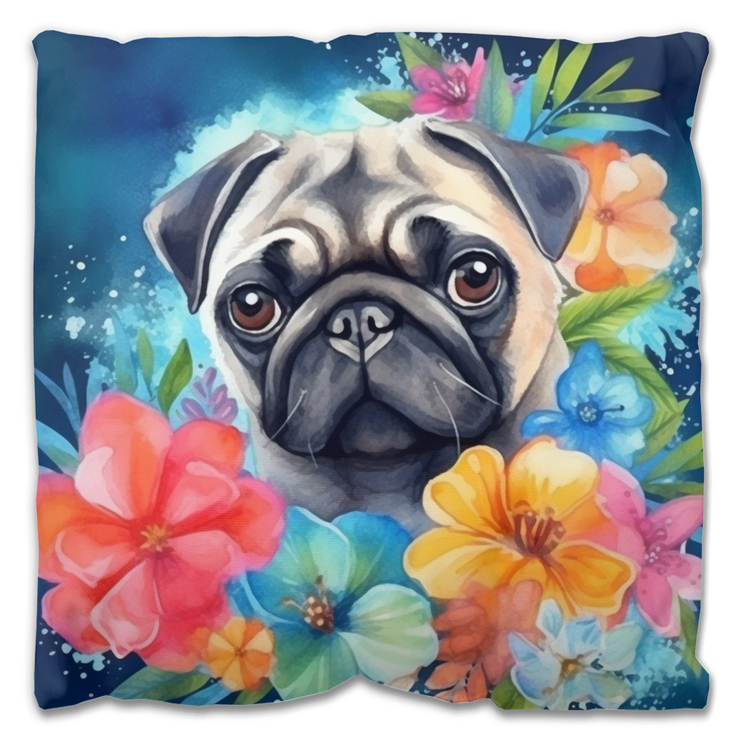 Tropical Watercolor Pug Throw Pillows (Indoor or Outdoor) Pug Life