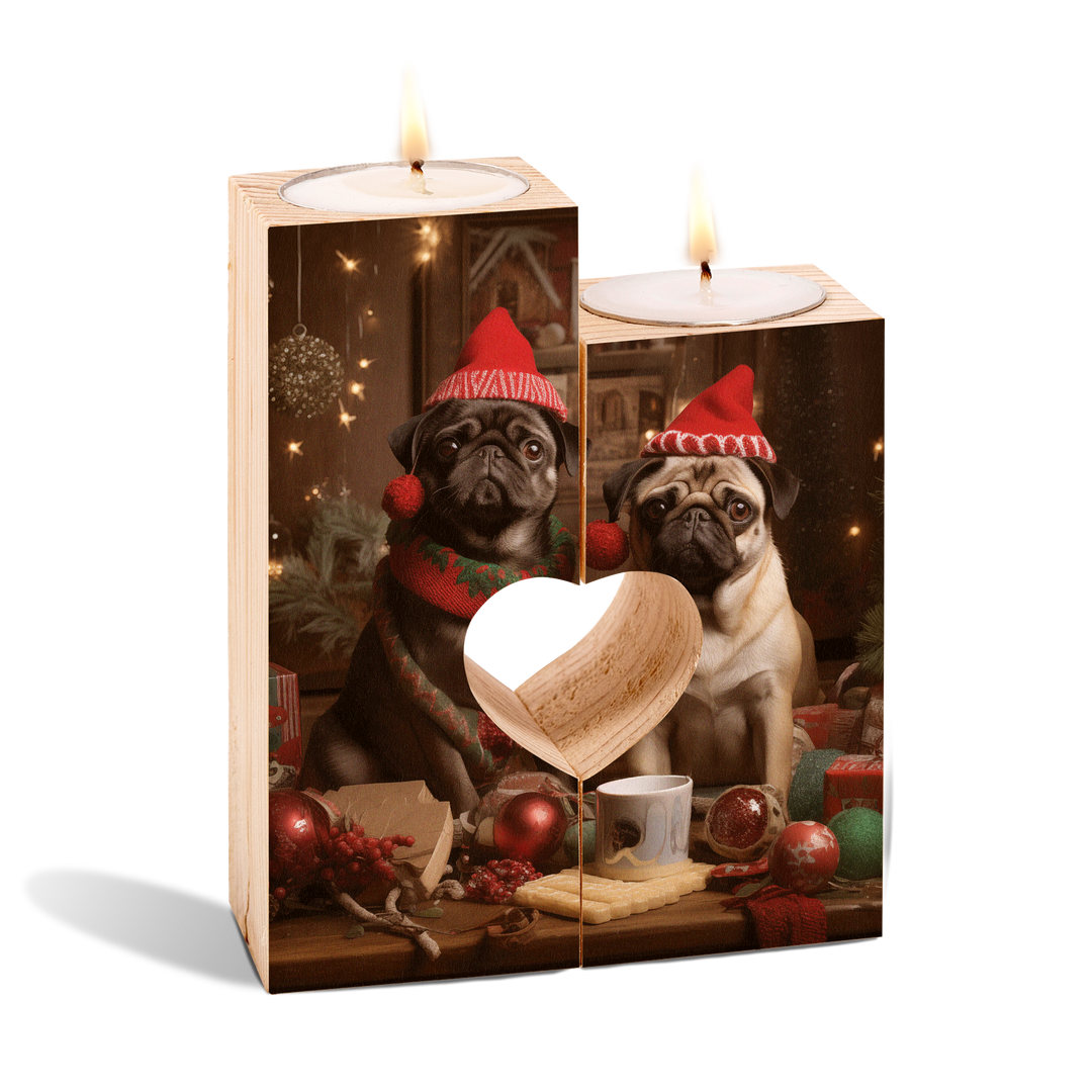 Christmas Pug Hearts Wooden Candle Holder Set