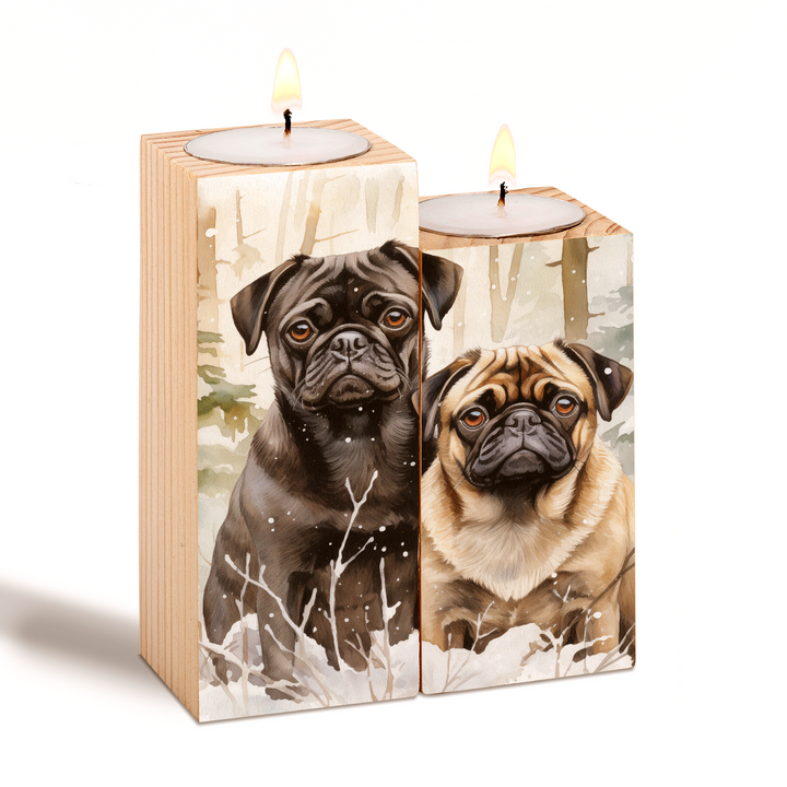 Snowy Pug Wooden Candle Holder Set