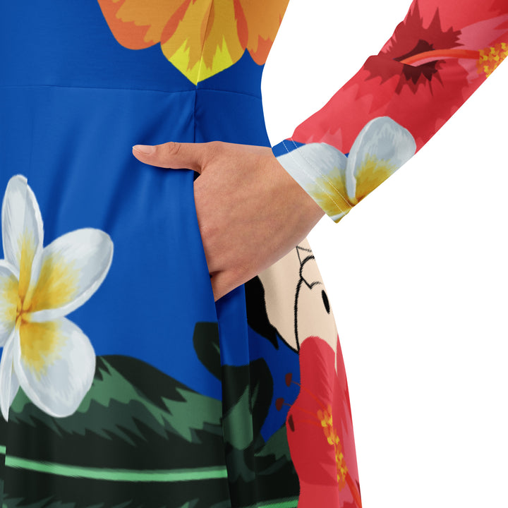 Tropical Pug Butt Flower Long Sleeve Dress