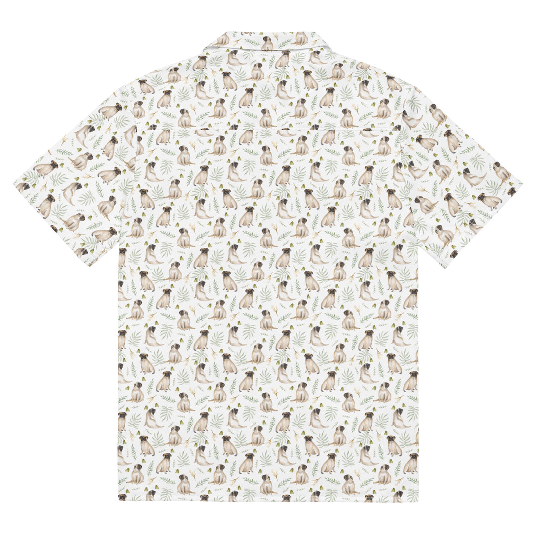 NEW! White Watercolor Pug Aloha Shirt in Recycled Polyester