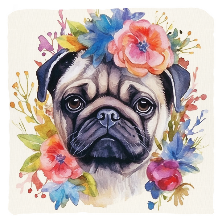 Floral Watercolor Faux Linen Pug Throw Pillows Pug Life