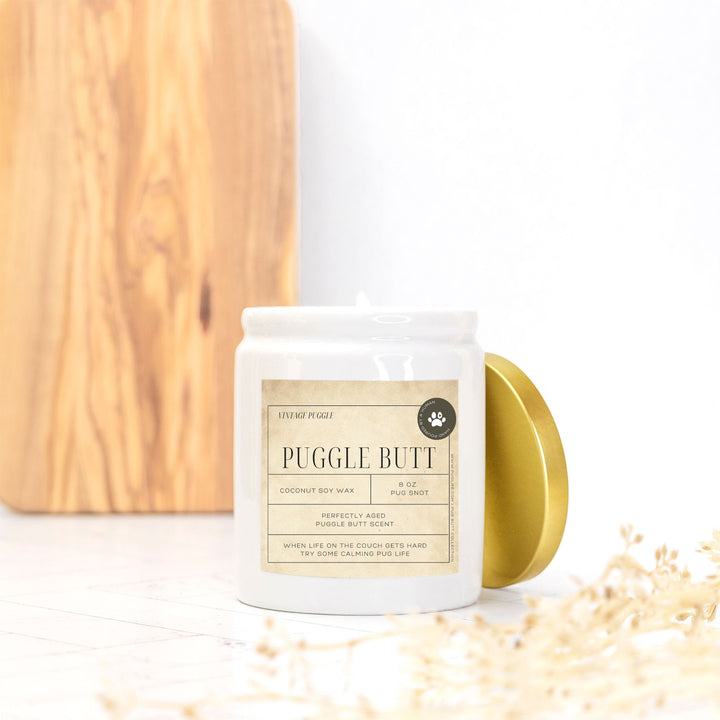 Puggle Vintage from the Pug Butt Scented Candle Collection