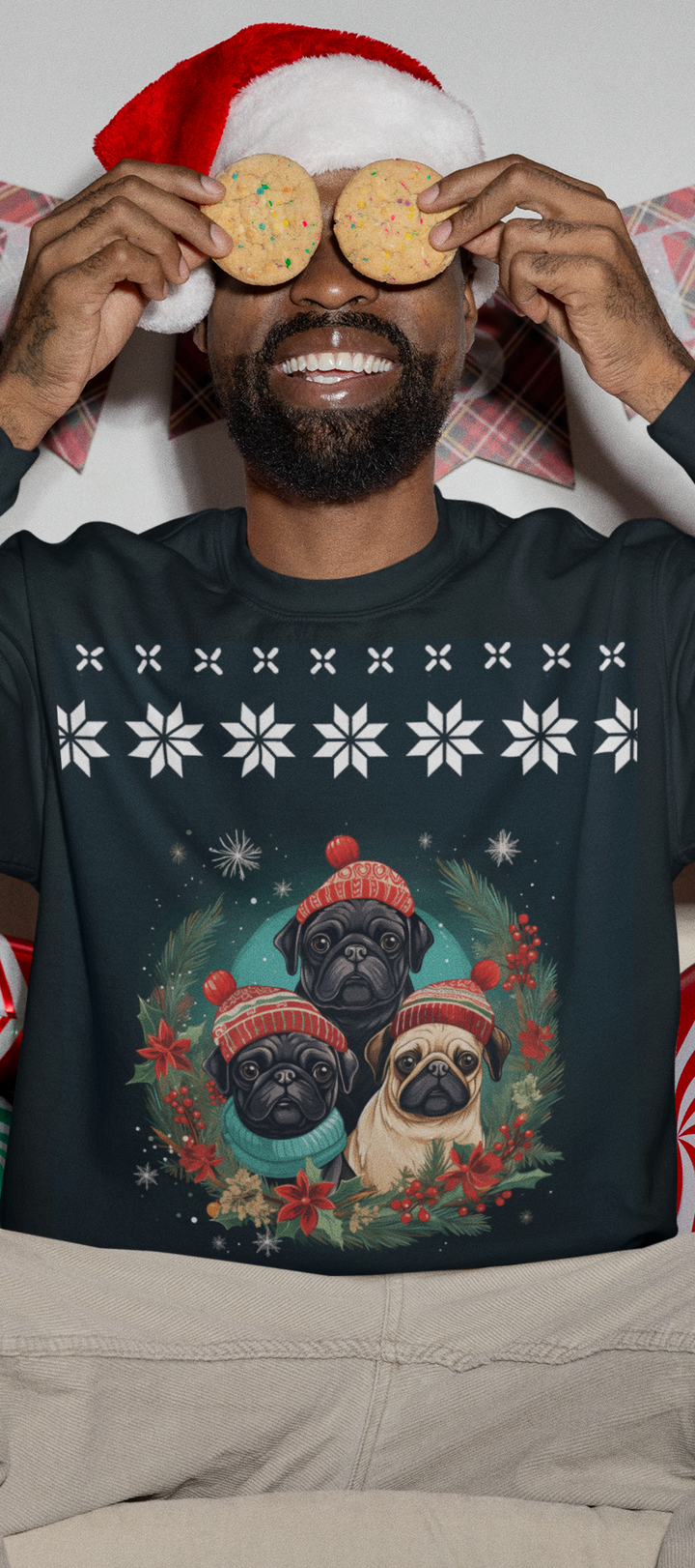 Pugs wearing Christmas Sweaters on a Christmas Sweater