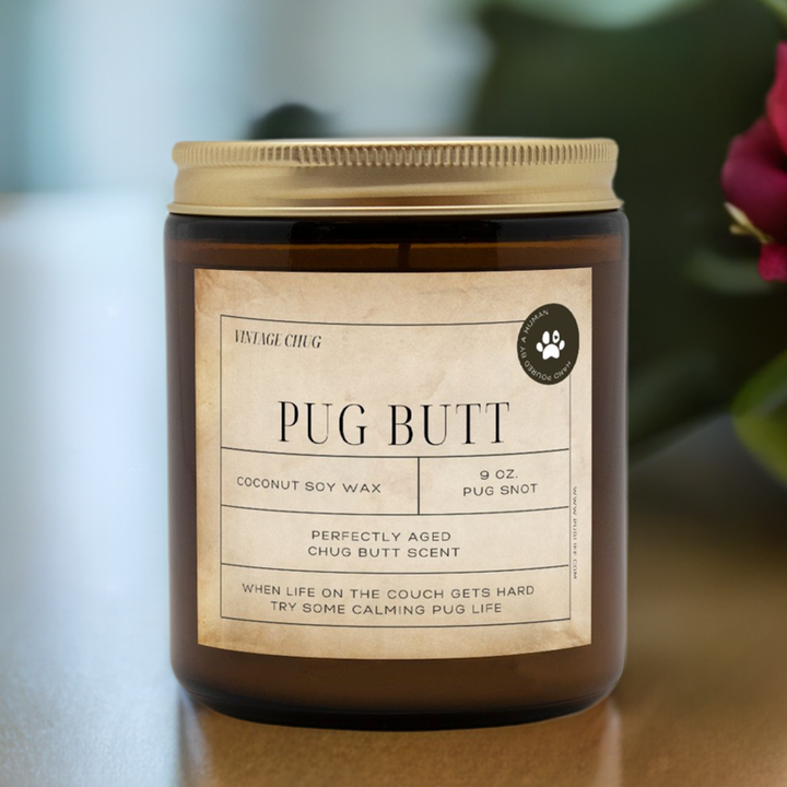 Chug Vintage from the Pug Butt Scented Candle Collection