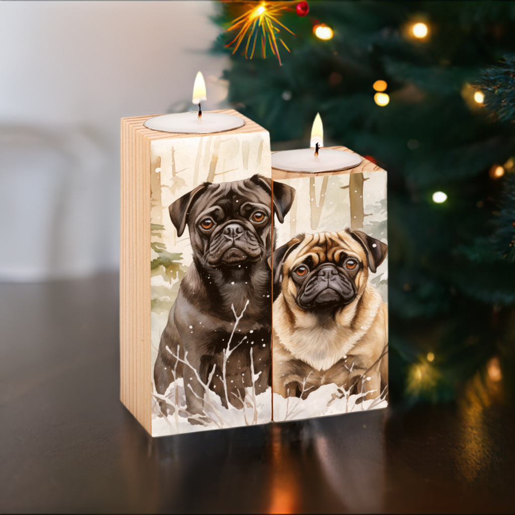 Snowy Pug Wooden Candle Holder Set