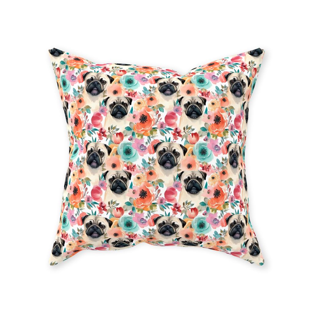 Floral Watercolor Faux Linen Pug Throw Pillows Pug Life