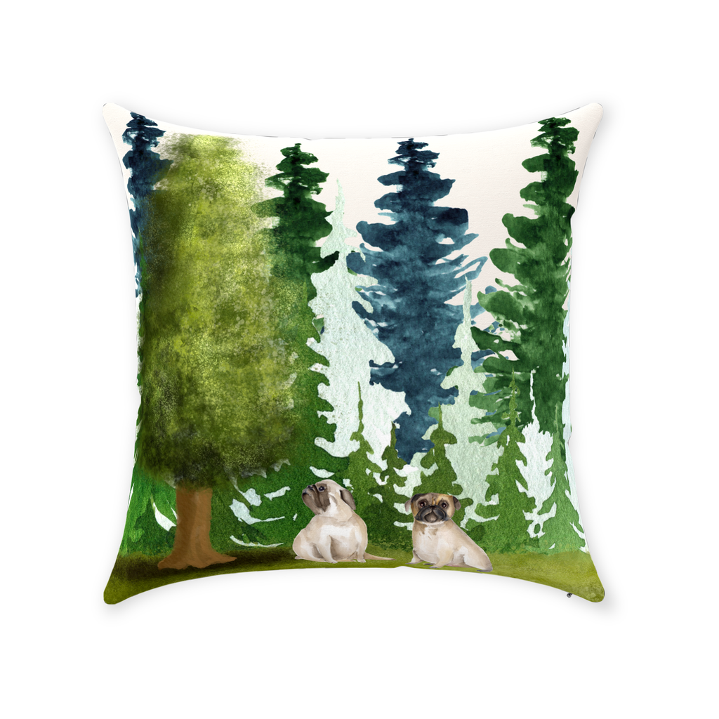 Pug Forest Cotton Throw Pillow with or without insert