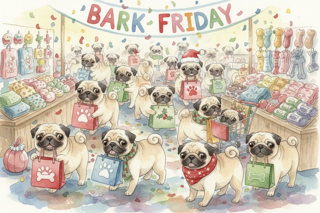 Illustrated pugs shopping at store for black friday. A humorous sign says Bark Friday.