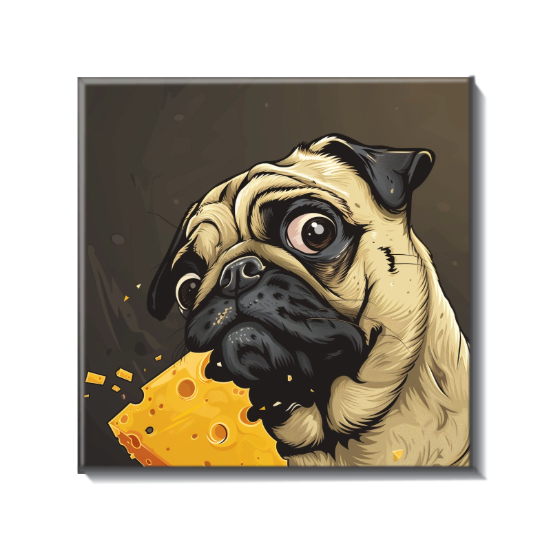 happy pug relaxing on a soft couch with playful pug-themed home accessories