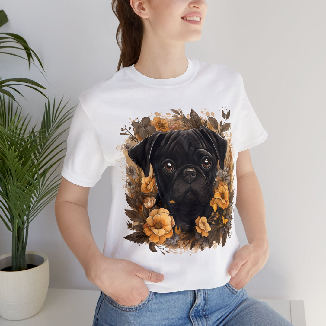 Charming Black Pug amongst fall flowers Tee Shirt