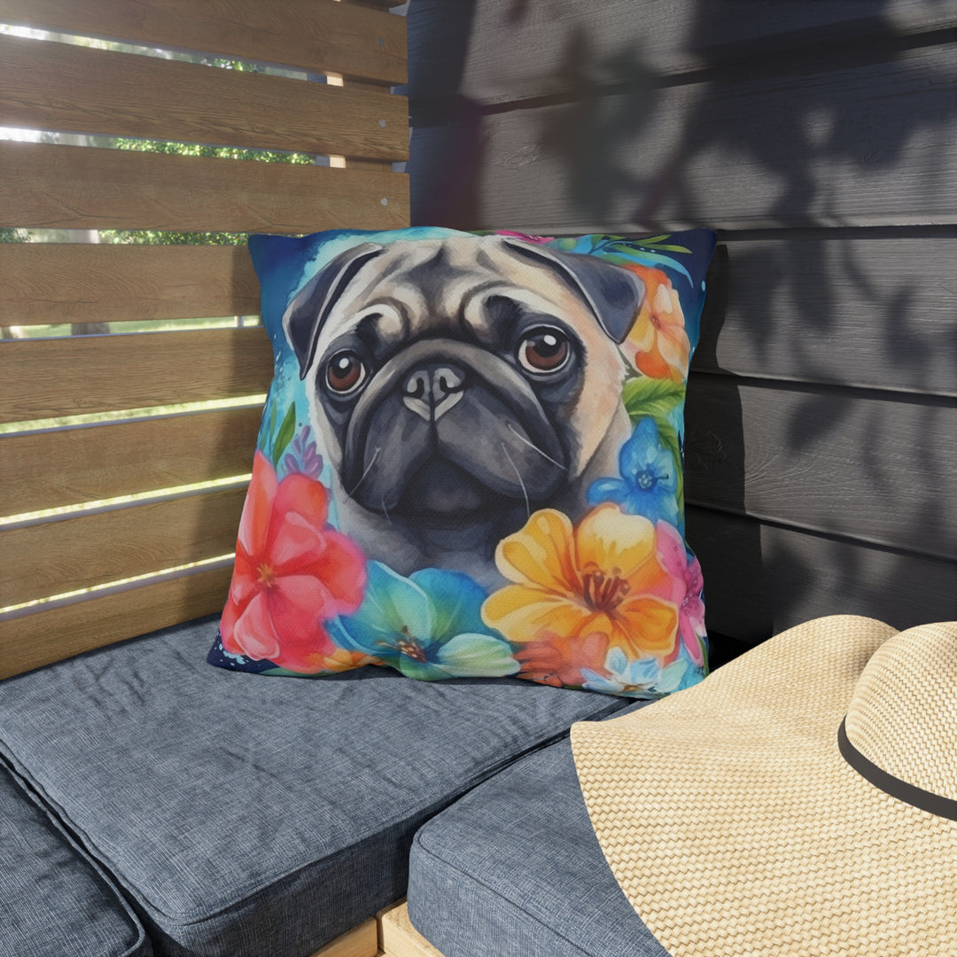 Tropical Watercolor Pug Outdoor Pillow