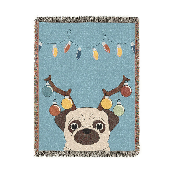 Reindeer Pug Woven Throw Blanket – Cute Holiday Dog Blanket with String Lights