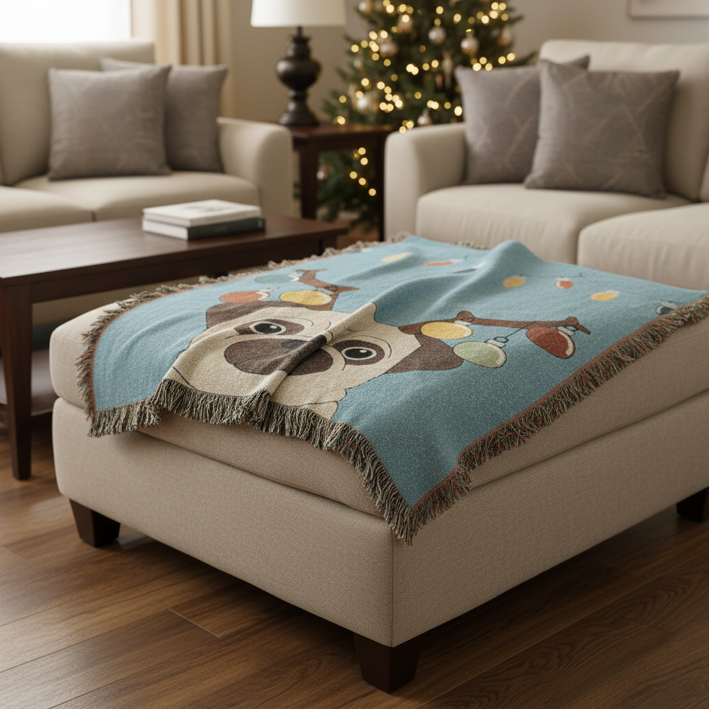 Reindeer Pug Woven Throw Blanket – Cute Holiday Dog Blanket with String Lights
