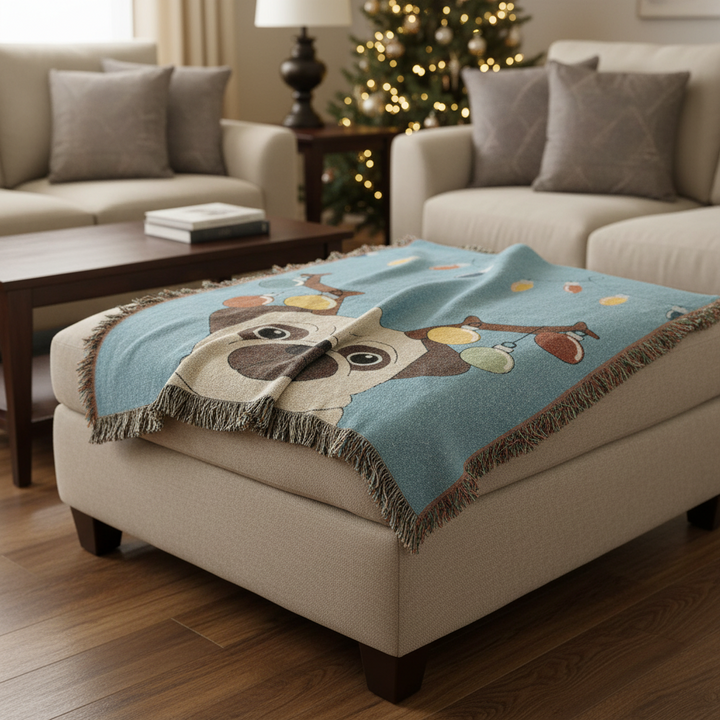Reindeer Pug Woven Throw Blanket – Cute Holiday Dog Blanket with String Lights