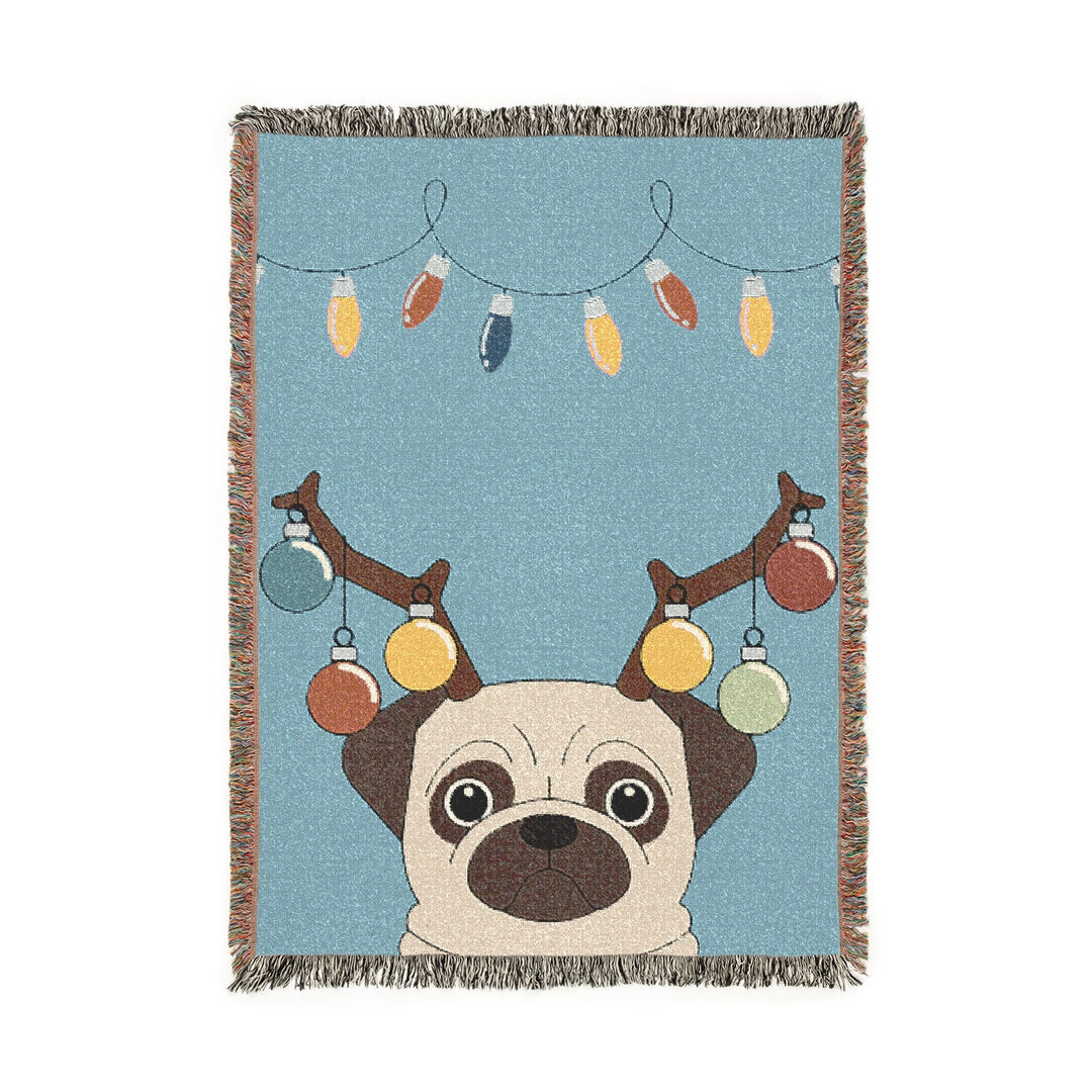 Reindeer Pug Woven Throw Blanket – Cute Holiday Dog Blanket with String Lights