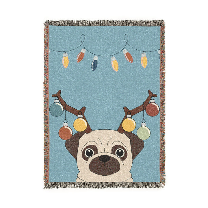 Reindeer Pug Woven Throw Blanket – Cute Holiday Dog Blanket with String Lights