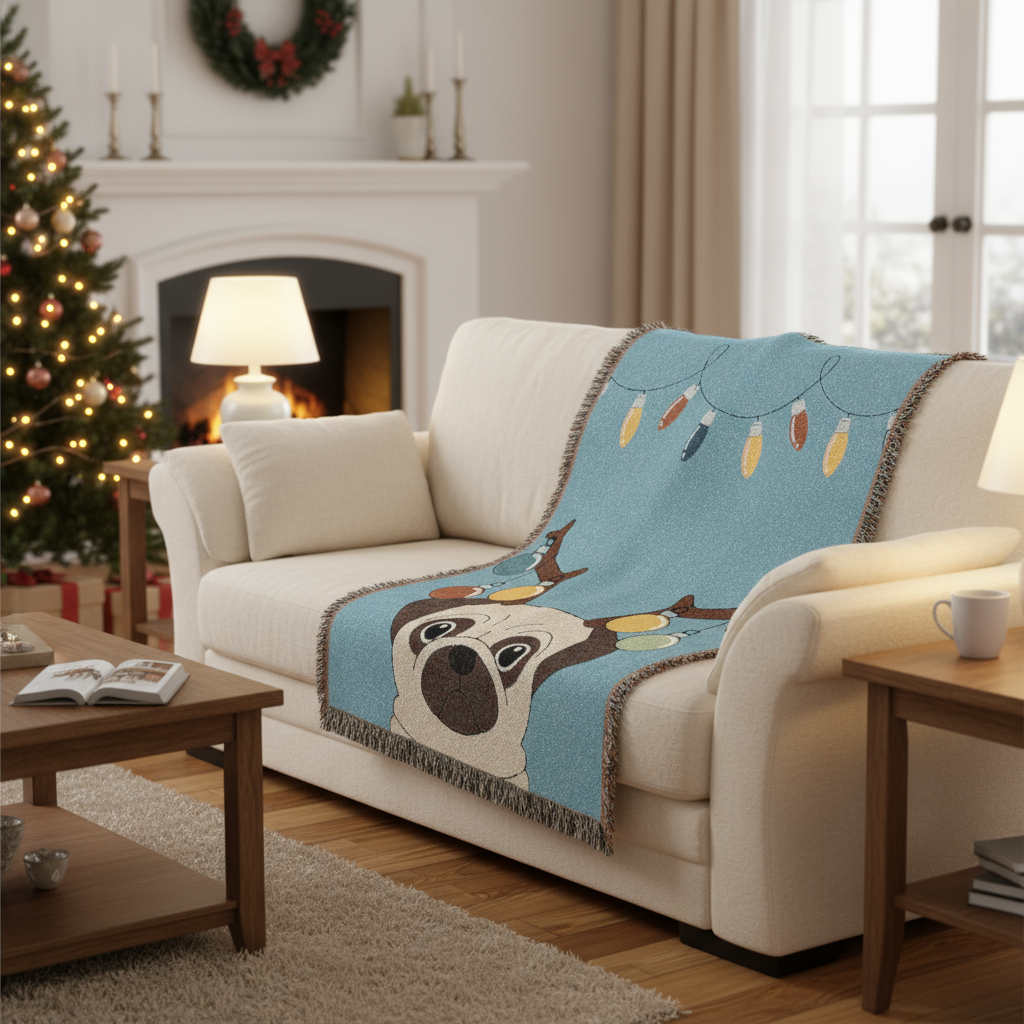Reindeer Pug Woven Throw Blanket – Cute Holiday Dog Blanket with String Lights