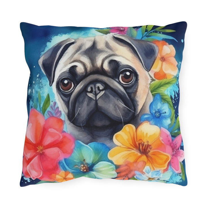 Tropical Watercolor Pug Outdoor Pillow