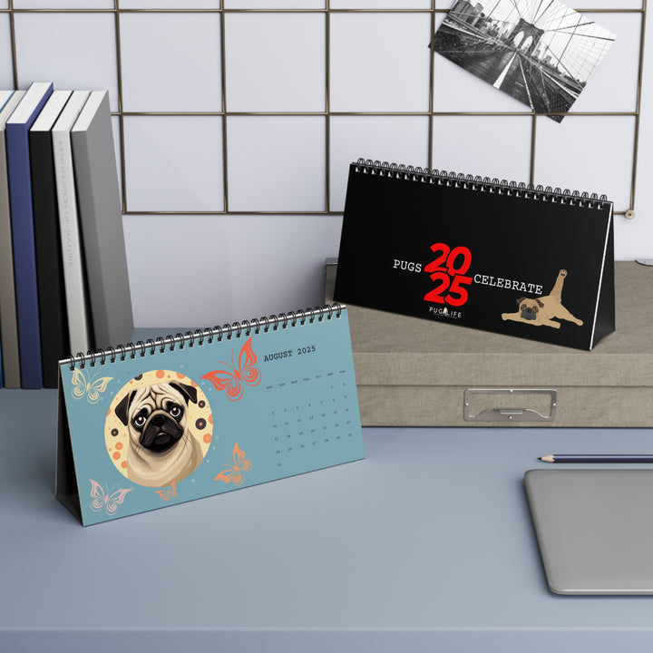 Pugs Celebrate 2025 Desk Calendar