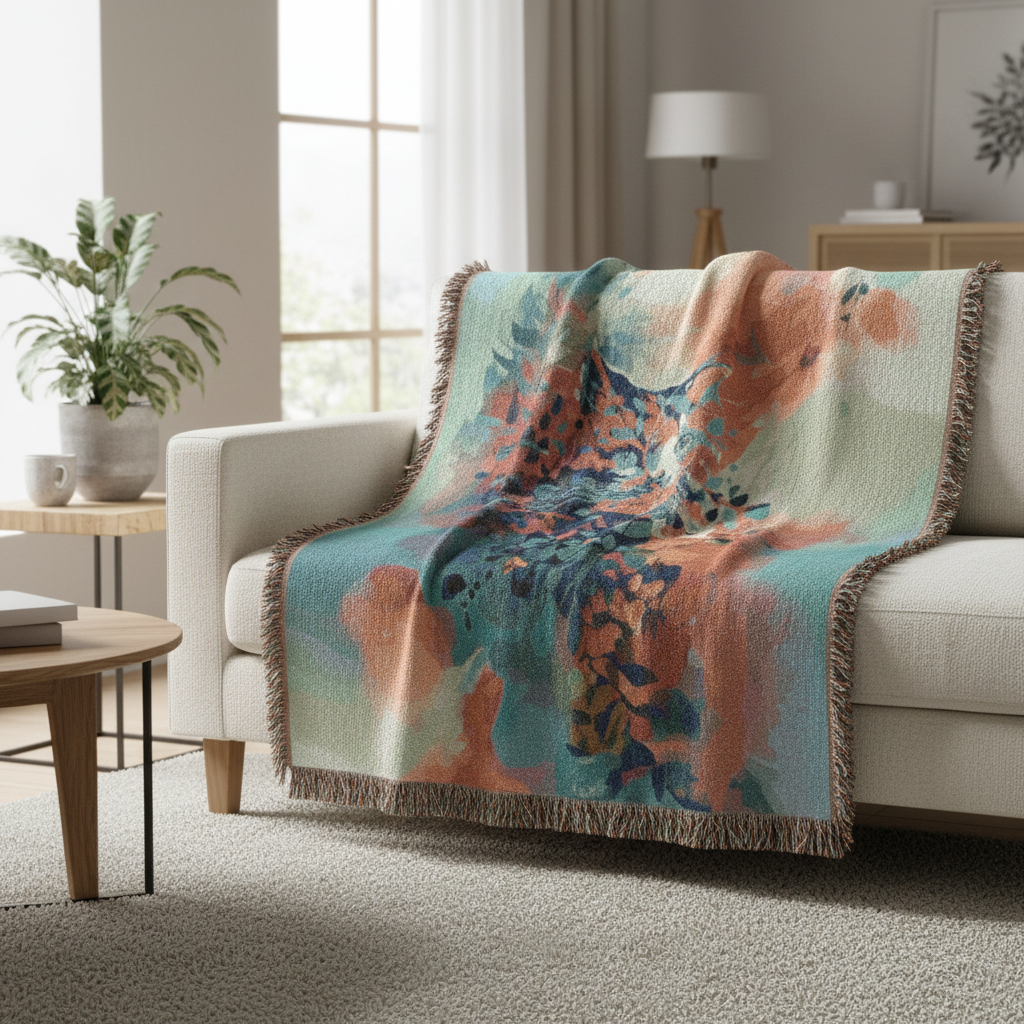 Orange Cat Abstract Floral Brushstroke Woven Blanket | Artistic Boho Throw