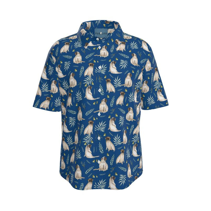 Blue Watercolor Pug Aloha Shirt