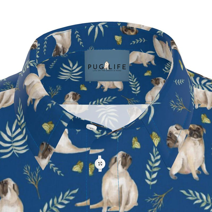 Blue Watercolor Pug Aloha Shirt