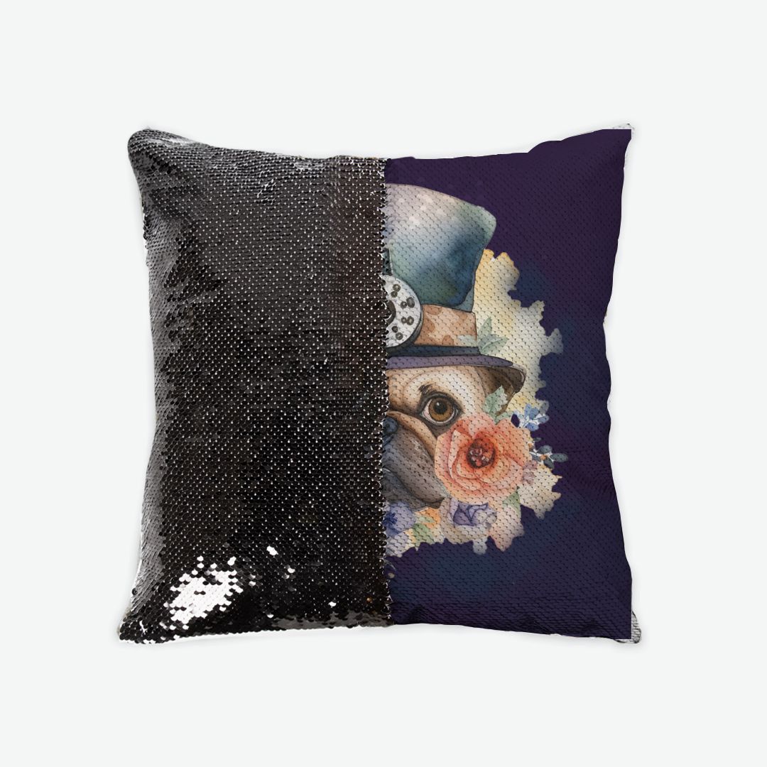 Steampunk Pug Sequin Reversible Pillow Case