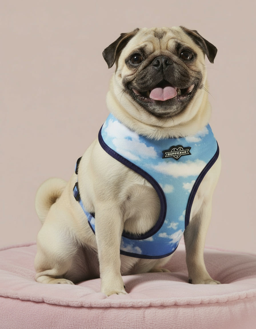 Dog wearing a blue harness with cloud pattern on a beige background