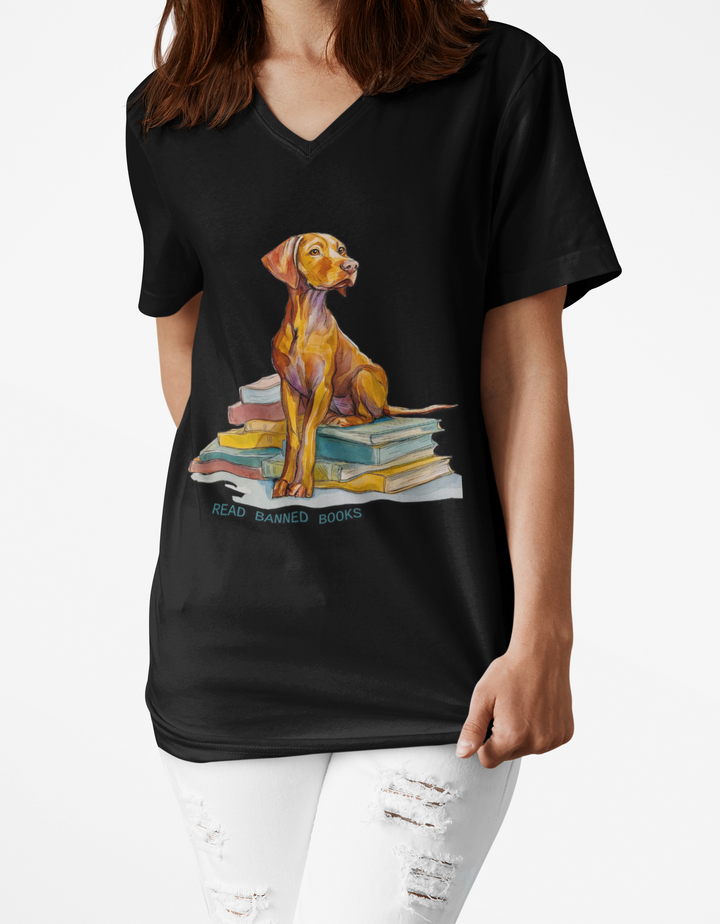 Vizsla Lover's "Read Banned Books" Women's V-Neck T-Shirt
