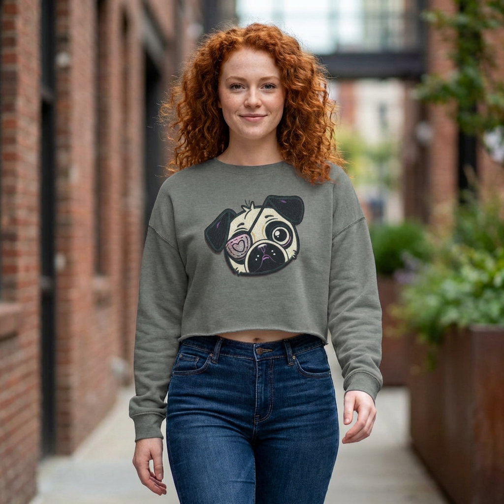 One Eyed Pug Love Patch Cropped Pullover Sweatshirt