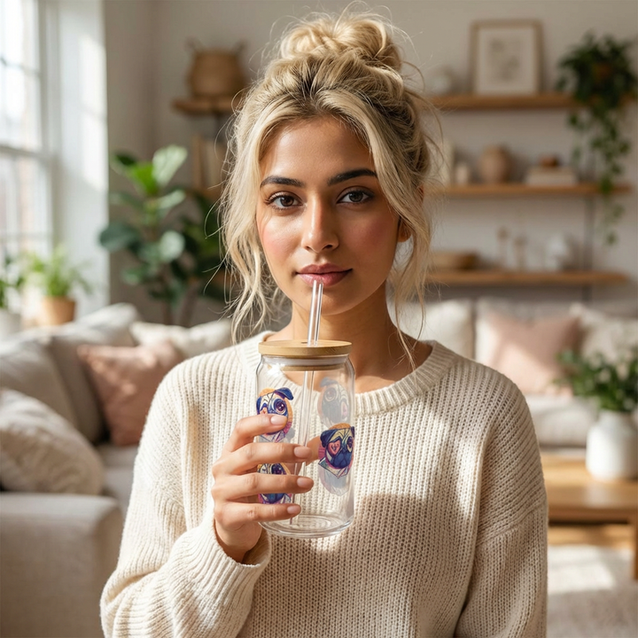 One Eyed Pug Love Sipper Glass with or without bamboo lid an straw