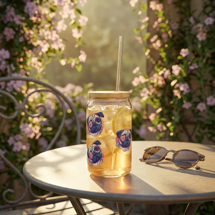 One Eyed Pug Love Sipper Glass with or without bamboo lid an straw