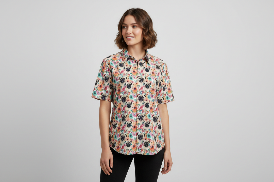 Pug Head Tropical Aloha Camp Shirt