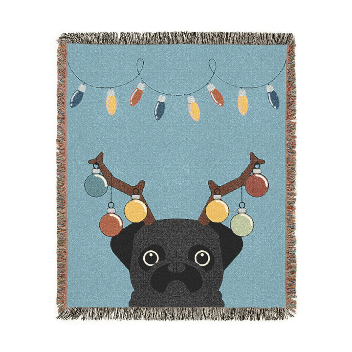 Reindeer Black Pug Woven Throw Blanket – Cute Holiday Dog Blanket with String Lights