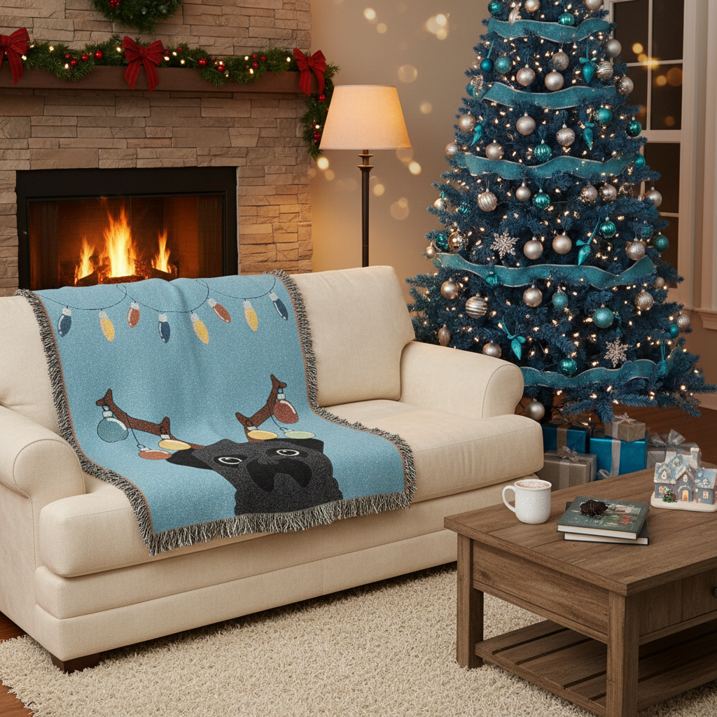 Living room with a decorated Christmas tree, fireplace, and a blanket with a pug design on a couch. Pug has christmas bulbs on antlers