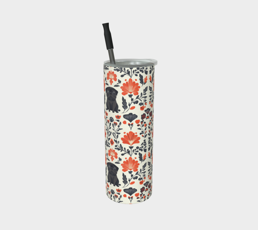 Black Pug Floral Tumbler with Attached Straws