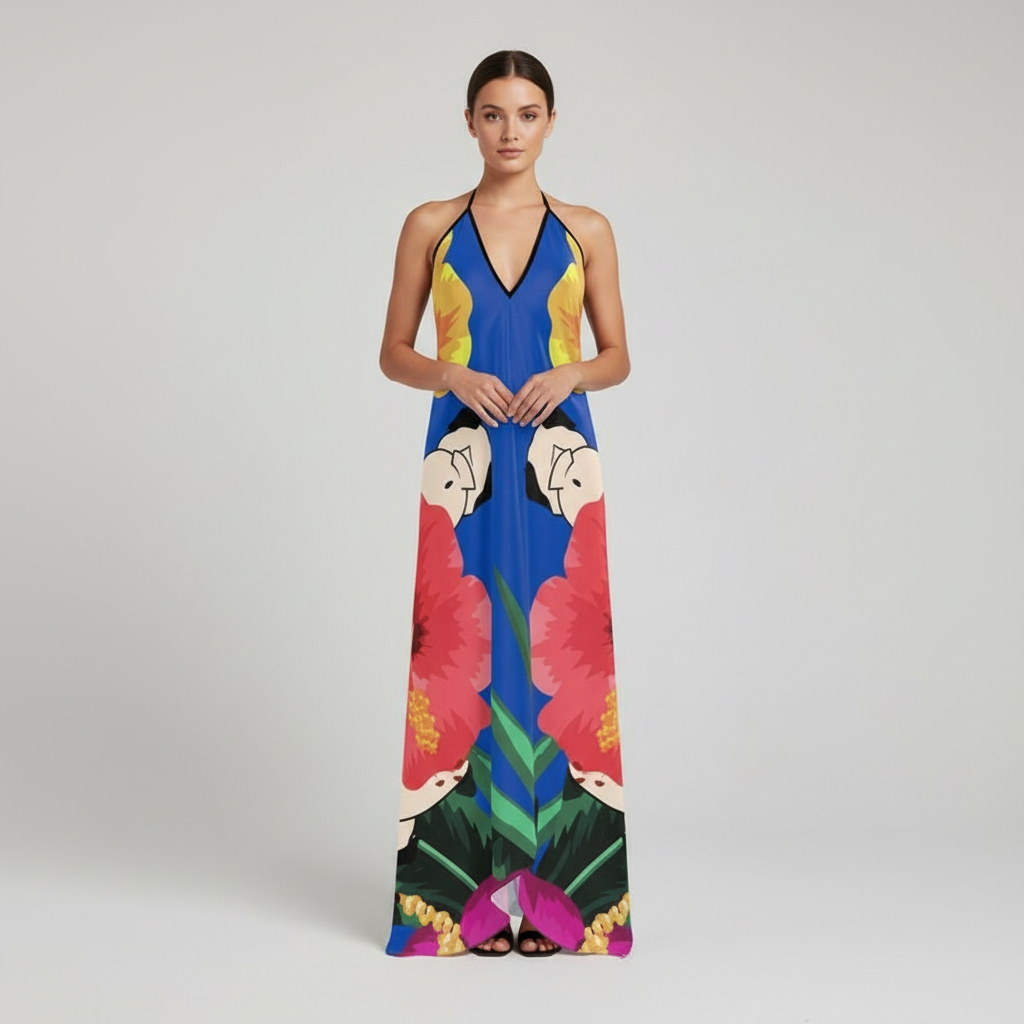 Tropical Pug Butt Backless Halter Dress