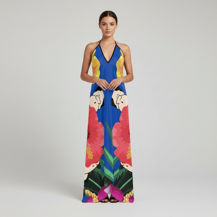 Tropical Pug Butt Backless Halter Dress