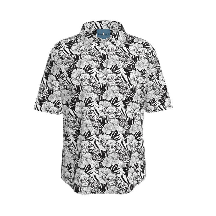 Black and White and Pug All Over Aloha Shirt