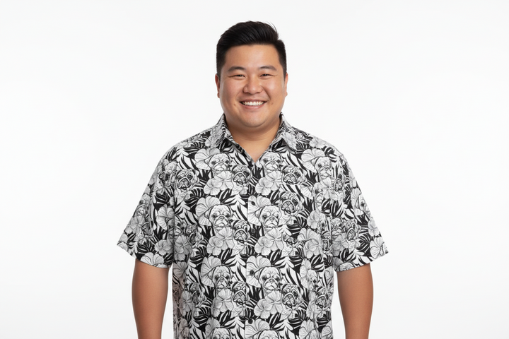 Black and White and Pug All Over Aloha Shirt
