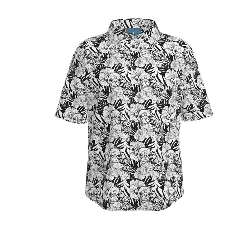 Black and White and Pug All Over Aloha Shirt