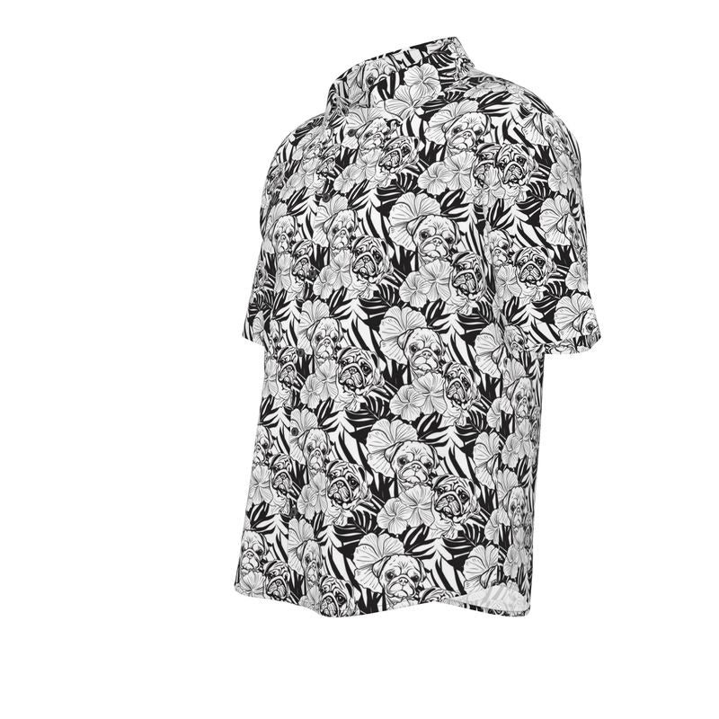 Black and White and Pug All Over Aloha Shirt