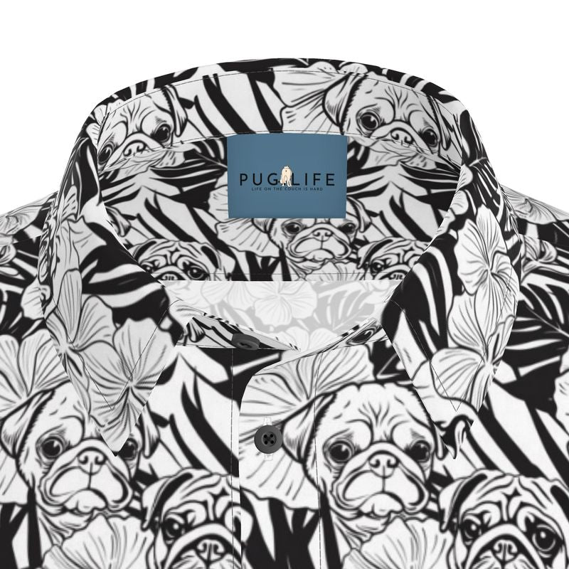 Black and White and Pug All Over Aloha Shirt