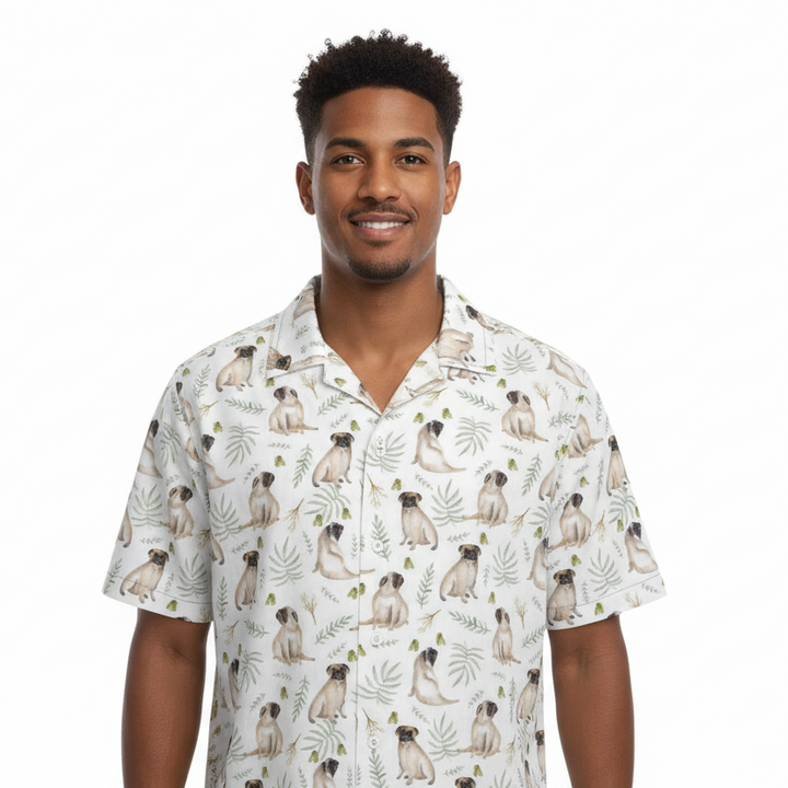 White Watercolor Pug Aloha Shirt